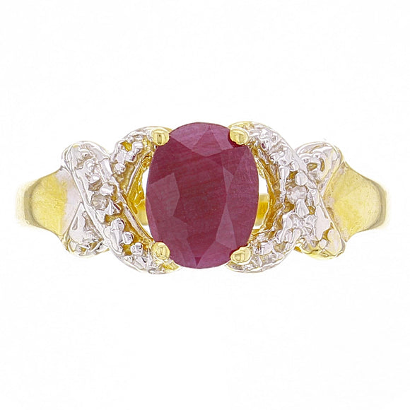 14k Yellow Gold Oval Ruby and Diamond Hugs & Kisses Promise Ring Size 7.5