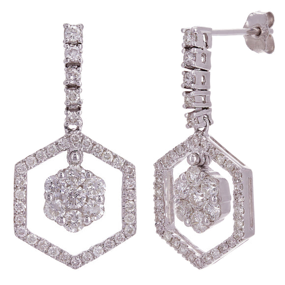 14k White Gold 1.65ctw Diamond Dangling Cluster Drop Earrings