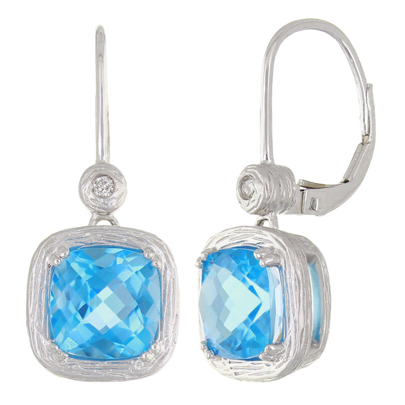 14k White Gold Blue Topaz & Diamond Textured Finish Modern Drop Earrings