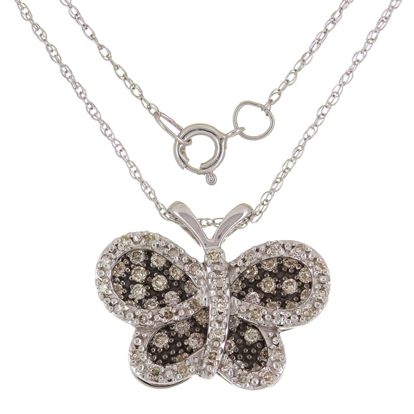 14k White Gold 0.43ctw Champagne & White Diamond Butterfly Pendant Necklace 18