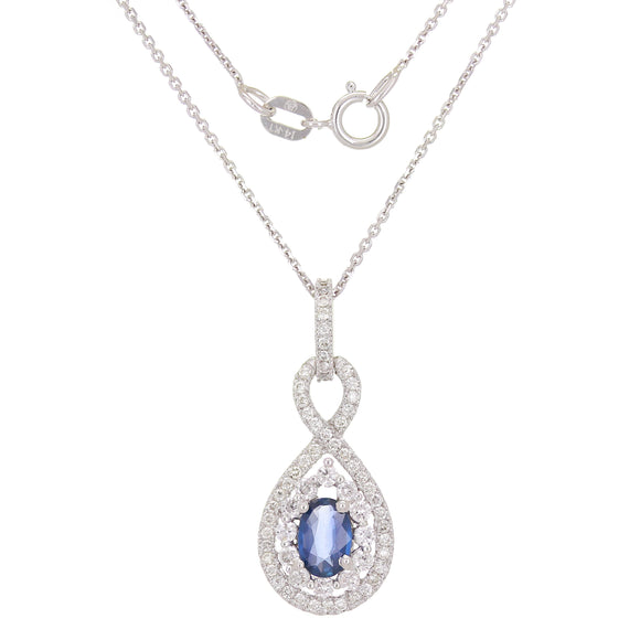 14k White Gold 0.45ctw Sapphire & Diamond Vintage Double Halo Pendant Necklace