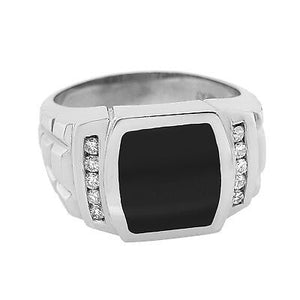 14k White Gold Solid Rectangle Black Onyx Ring with Round Diamonds Size 10.5