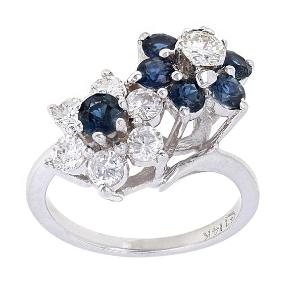 14k White Gold 0.58ctw Sapphire & Diamond Entwined Flower Cluster Ring Size 6