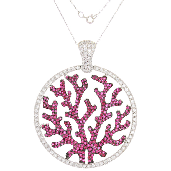 18k White Gold 1.53ctw Ruby & Diamond Coral in Ocean Scene Pendant Necklace 18