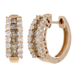 14k Rose Gold 1ctw Brown & White Diamond Cluster Huggie Hoop Earrings