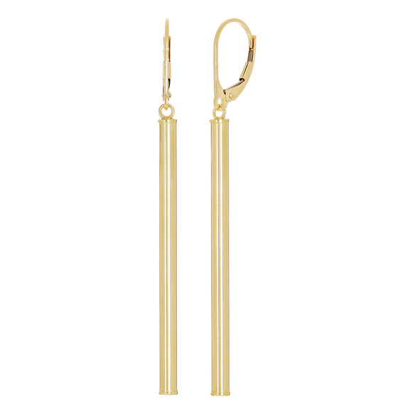 Italian 14k Yellow Gold Tube Vertical Bar Dangle Drop Earrings 2.3