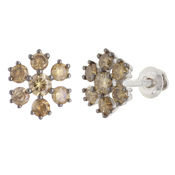 14k White Gold 1.07ctw Brown Diamond Cluster Flower Stud Earrings
