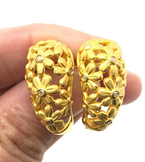 22k Yellow Gold Diamond Flower Earrings Vintage Huggies Hoop Stud Post 10.3g