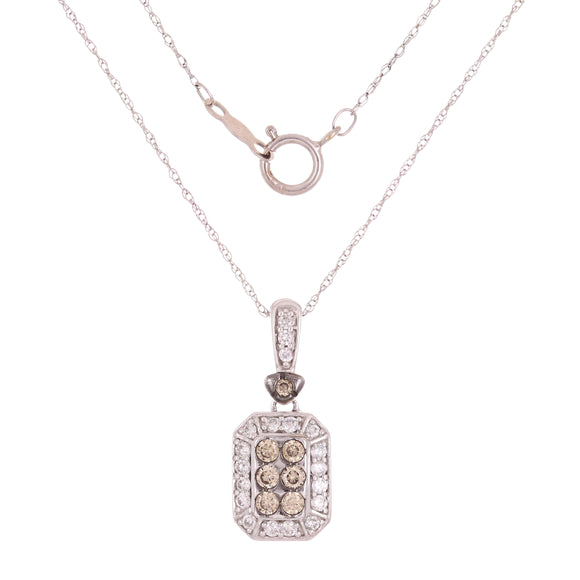 14k White Gold 0.38ctw Brown & White Diamond Rectangular Pendant Necklace 18