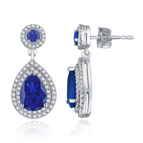 14k White Gold 0.75ctw Sapphire & Diamond Pear Drop Dangle Luxury Earrings