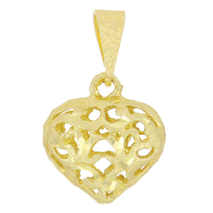 14k Yellow Gold Solid Filigree Puffy 3D Heart Charm Pendant 2.5 grams
