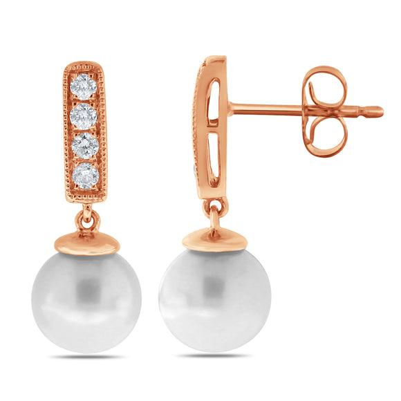 14k Rose Gold 0.15ctw Cultured White Pearl & Diamond Drop Dangle Earrings
