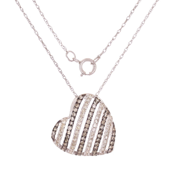 10k White Gold 0.58ctw Champagne & White Diamond Striped Heart Pendant Necklace