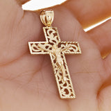 14k Yellow Gold Filigree Diamond Cut Jesus Cross Crucifix Pendant 2.4" 5.9 grams