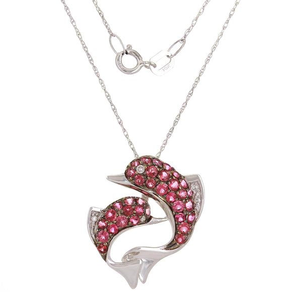 14k White Gold Pink Tourmaline & Diamond Jumping Dolphins Pendant Necklace 18