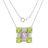 14k White Gold Peridot & Amethyst Square Checkerboard Floating Pendant Necklace