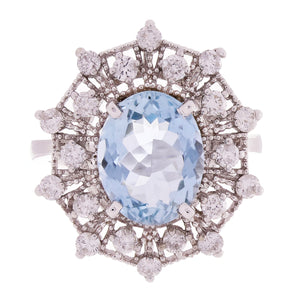 14k White Gold 0.78ctw Aquamarine & Diamond Snowflake Trellis Milgrain Ring SZ 7