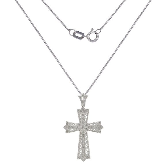 Italian 14k White Gold 1/3ctw Diamond Celtic Cross Pendant Necklace
