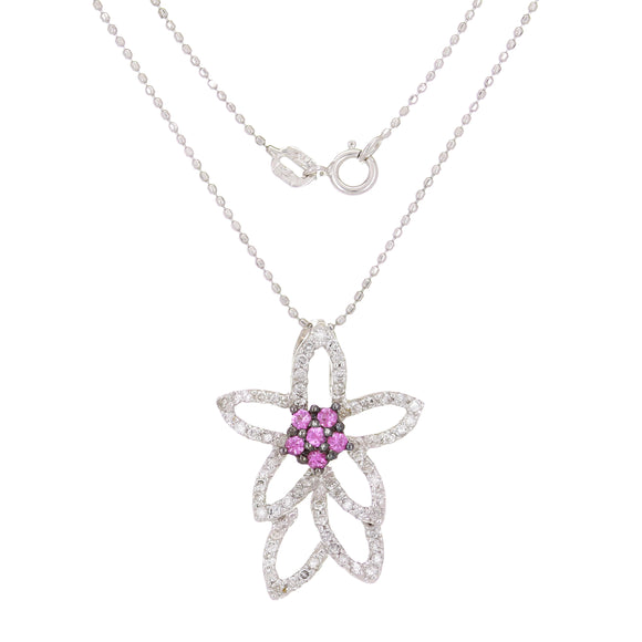 14k White Gold 0.50ctw Pink Sapphire & Diamond  Plumeria Pendant Necklace 18