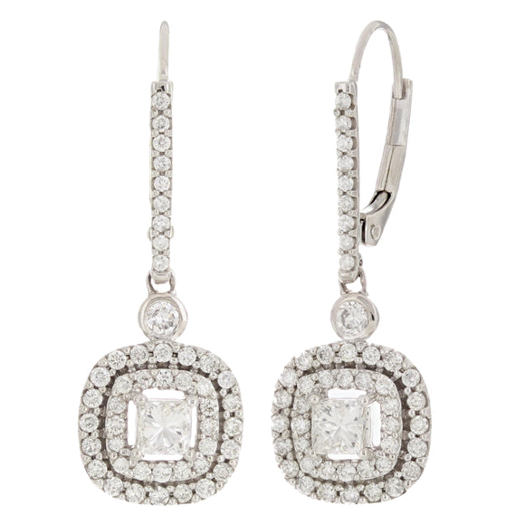 10k White Gold Double Halo Diamond Lever Back Drop Dangle Earrings 1.00CT