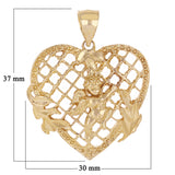 14k Yellow Gold Heart Cherub Guardian Angel Charm Pendant 1.4" 6.6 grams
