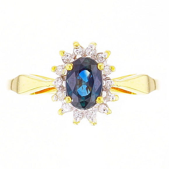 14k Yellow Gold 0.10ctw Oval Sapphire & Diamond Cluster Ring Size 5.75