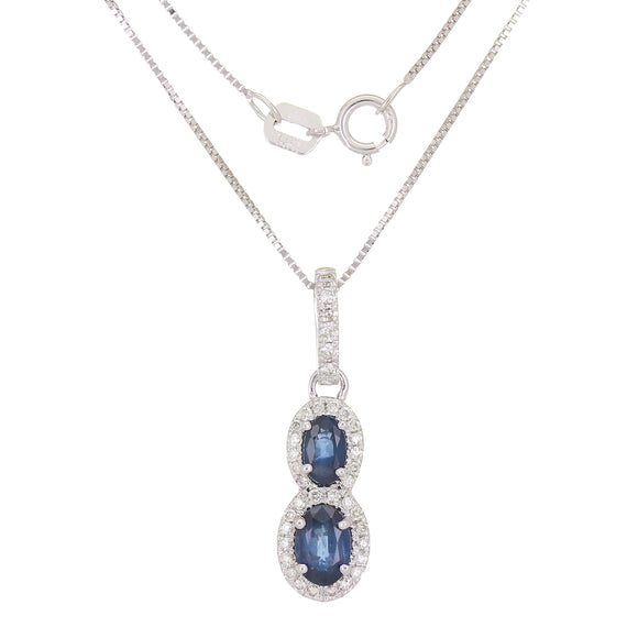 14k White Gold 0.20ctw Sapphire & Diamond Vintage Double Halo Pendant Necklace