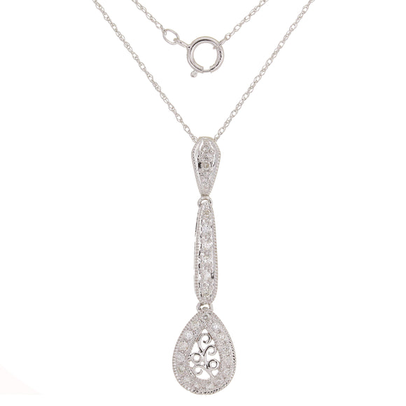 14k White Gold 0.25ctw Diamond Pave Vintage Style Drop Pendant Necklace 18