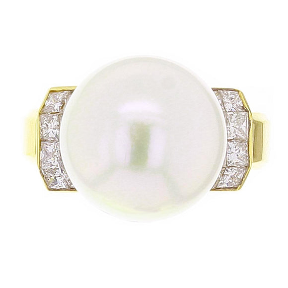 14k Yellow Gold 1.02ctw Diamond & 14mm White Cultured Pearl Raised Ring Size 7