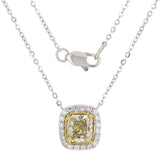 18k Two Tone Gold 1.32ctw Yellow & White Diamond Cushion Halo Pendant Necklace