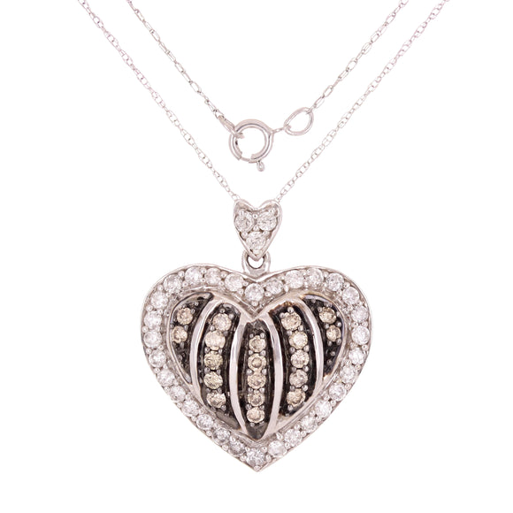 14k White Gold 1.05ctw Brown & White Diamond Heart Gift Pendant Necklace 18