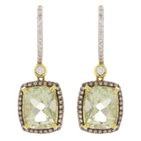 14k Yellow Gold 0.75ctw Green Amethyst & Diamond Cushion Drop Earrings