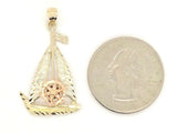 14k Two Tone Gold Solid Moving Nautical Wheel Sailboat Charm Pendant 2.4 grams