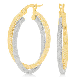 Italian 14k Yellow & White Gold Lattice Design Entwined Hollow Hoop Earrings