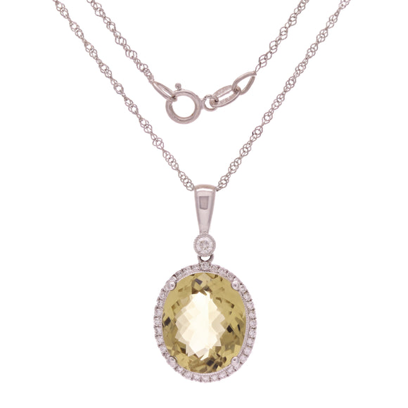 14k White Gold 0.25ctw Lemon Quartz & Diamond Halo Drop Pendant Necklace