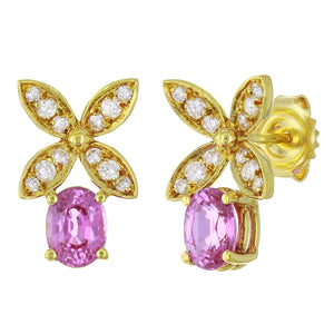 18k Yellow Gold 0.40ctw Pink Sapphire & Diamond Flower Earrings