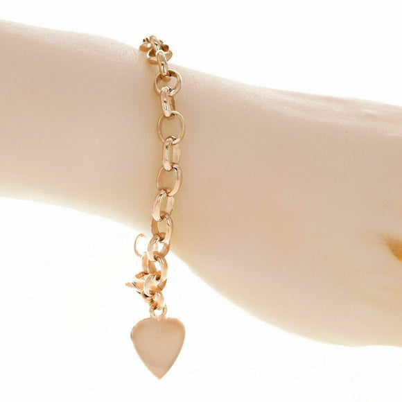 14k Rose Gold Oval Rolo Link Chain Heart Charm Bracelet 7.5