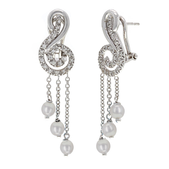 14k White Gold 0.35ctw Diamond & Pearl Musical Note Dangle Earrings