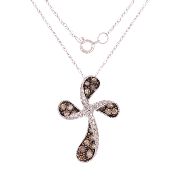 14k White Gold 0.50ctw Brown Diamond Swirling Cross Floating Pendant Necklace