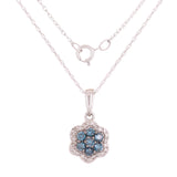 14k White Gold 0.25ctw Blue & White Diamond Flower Cluster Pendant Necklace 18"