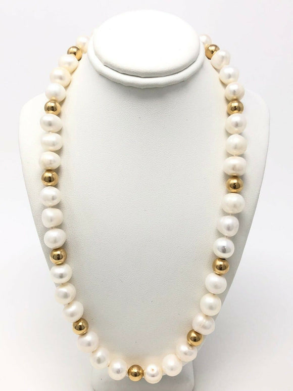 14k Yellow Gold Clasp Round Fresh Water Pearl Necklace 16