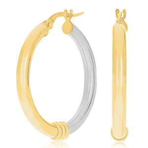 Italian 14k Yellow & White Gold Polished Medium Hollow Hoop Earrings 1.1"