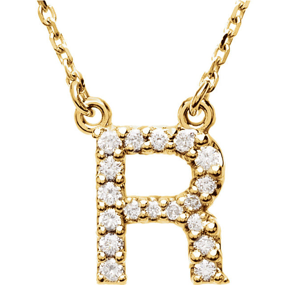 14k Yellow Gold Diamond Initial Letter R Alphabet Rolo Pendant Necklace 18