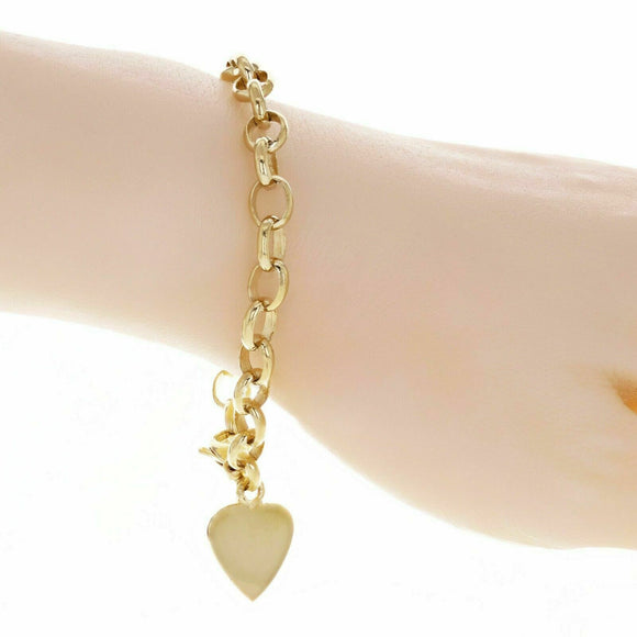14k Yellow Gold Rolo Link Heart Charm Bracelet 8