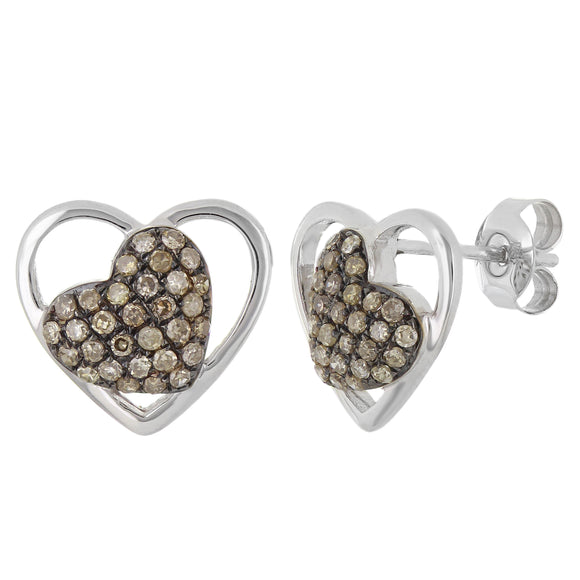 10k White Gold 0.43ctw Champagne Diamond Double Heart Stud Earrings