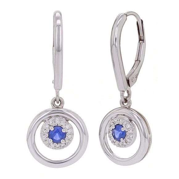 14k White Gold 0.10ctw Sapphire & Diamond Circle Floating Halo Dangle Earrings