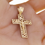 14k Yellow Gold Filigree Diamond Cut Jesus Cross Crucifix Pendant 1.9" 4.4 grams