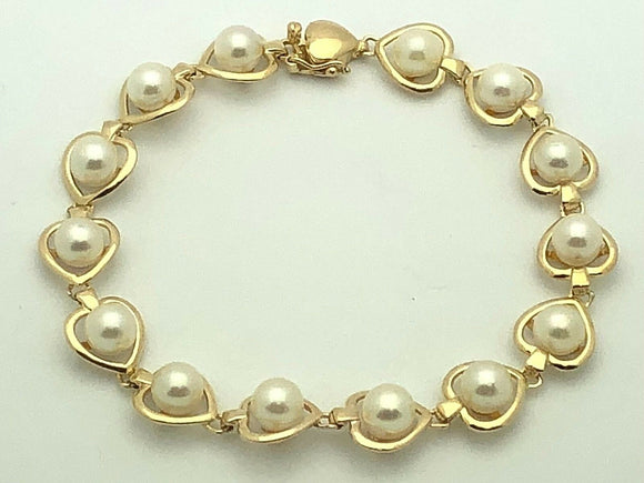 14k Yellow Gold Heart Link Bracelet with Round Water Pearls 7