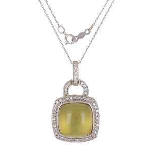 14k White Gold 0.35ctw Lemon Quartz Cabochon Diamond Drop Pendant Necklace 18"