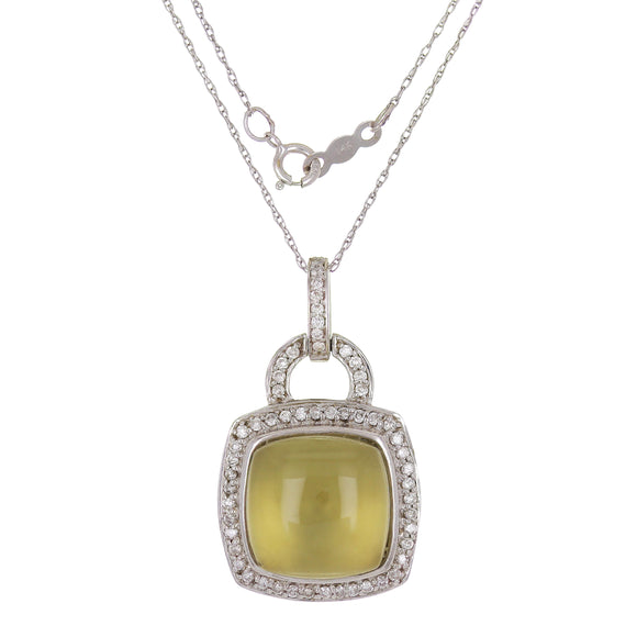 14k White Gold 0.35ctw Lemon Quartz Cabochon Diamond Drop Pendant Necklace 18